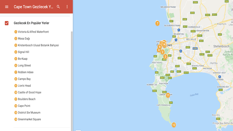 Cape Town Gezilecek Yerler Haritası